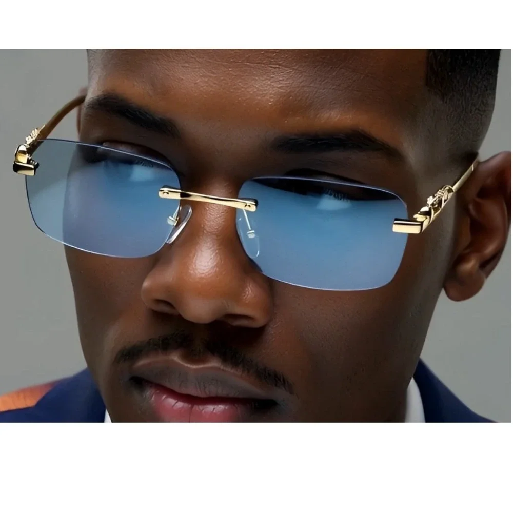 Men Women Rimless Blue Lens Gold Sunglasses Classic Retro Vintage Shades‎ classy